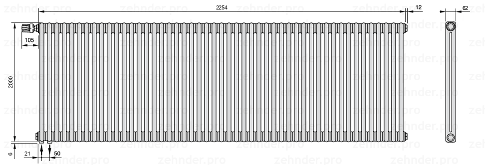 Схема (чертеж) Радиатор Zehnder Charleston 2200/49 №V001 Белый глянцевый RAL 9016